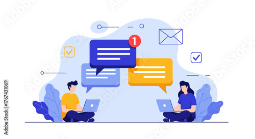 Online communication and collaboration between people using laptops and chat bubbles.