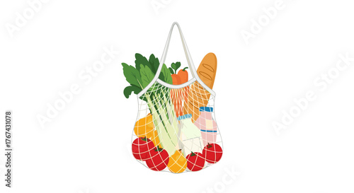 Reusable grocery bag filled with fresh fruits and vegetables.