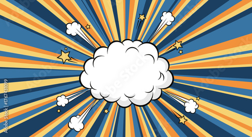 Comic Book Style Explosion Cloud Background with Stars and Smoke.