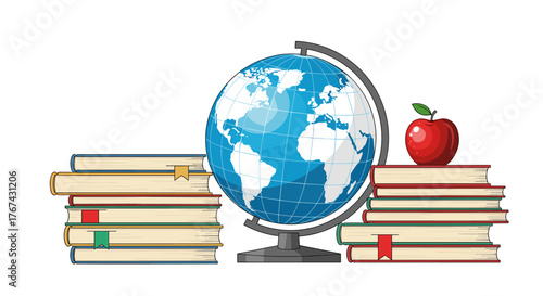 Stack of books globe and apple representing education and knowledge.