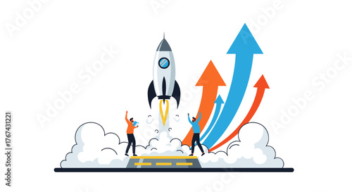 Rocket Launching with Upward Arrows Symbolizing Growth and Success.