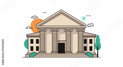 Classical Building Facade with Columns and Pediment.