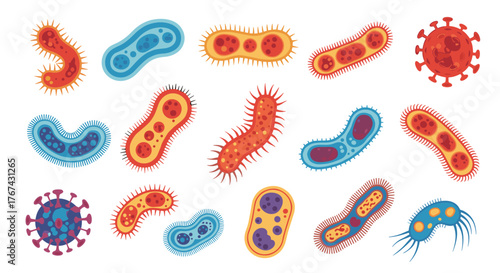 Collection of colorful diverse bacteria and virus illustrations.