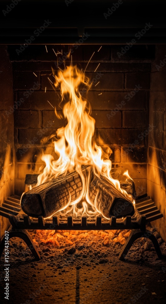 Obraz premium Crackling fireplace flames burning wood logs creating warm cozy atmosphere with dancing fire and glowing embers in home interior hearth