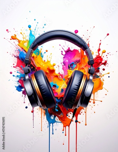 Headphones with colorful paint splashes