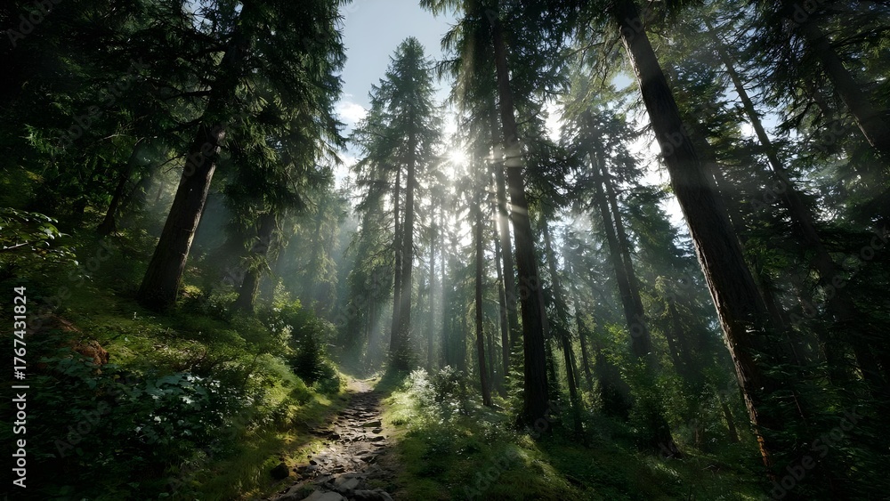 Obraz premium Sunbeams filter through tall evergreen trees onto a rocky, mossy forest path. Concept Forest, Sunlight, Moss, Evergreen Trees, Rocky Path