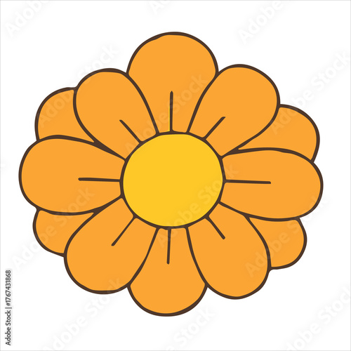 Bright orange flower with yellow center in flat cartoon vector style for summer and nature design