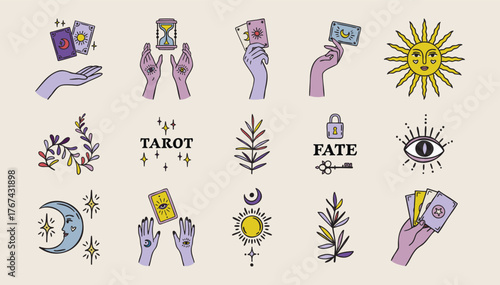 Boho set of tarot and plants, witch hands, fortune teller elements, astrology theme, hand drawn