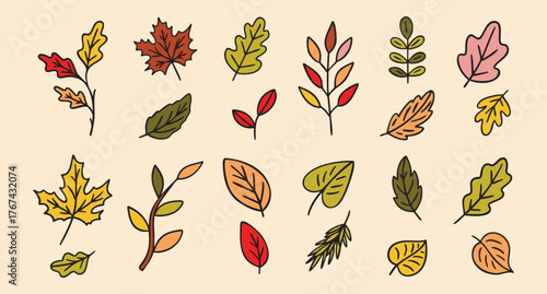 Cozy autumn doodle set of autumn leaves, hand drawn warm rustic style
