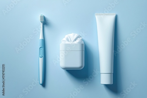 Wallpaper Mural Dental Hygiene Products Arrangement on Blue Background Toothbrush Toothpaste Dental Floss Container Oral Care Flat Lay Top View Torontodigital.ca