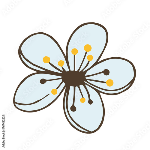 Simple light blue flower with yellow stamens in flat cartoon vector style