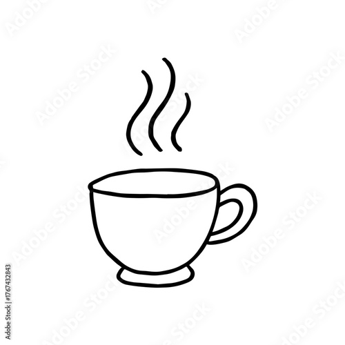 A minimalist doodle-style line drawing of a classic coffee cup with rising steam.