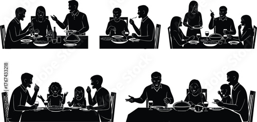 Happy family enjoying dinner together at home, communication and bonding mealtime illustration