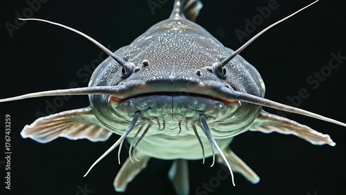 Detailed headshot of a freshwater catfish in the dark.