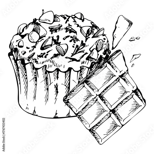 Cupcake in fluted paper wrapper, muffin with chocolate chunks and sprinkled toppings. Vector ink hand drawn isolated dessert illustration. Artisanal bakery packaging, scrapbooking designs, stationery.