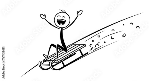 Happy Stick Figure Person Joyfully Sledding Down Snowy Hill.