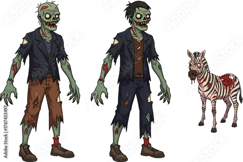 PrintScary zombie man and undead zebra standing together, horror Halloween illustration, creepy dark fantasy artwork, spooky monster apocalypse themed design