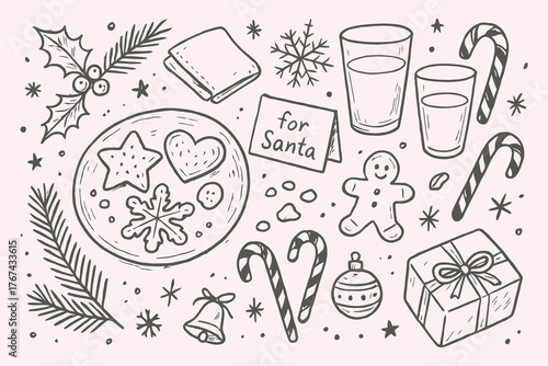 Hand Drawn Cookies for Santa Vector Set – Cozy Christmas Still Life Sketch Illustration in Black and White