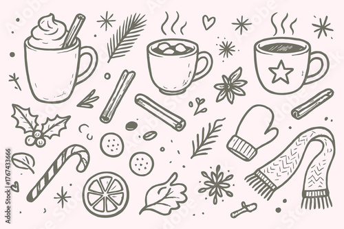 Hand Drawn Hot Cocoa Christmas Still Life Vector Set – Cozy Winter Sketch Illustration in Black and White