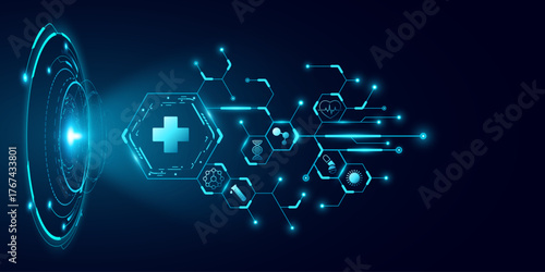 Futuristic HUD circle with holographic connected hexagons and health care icons. Medical technology background for your design. Digital health insurance concept. Vector illustration.
