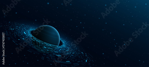 Futuristic glowing planet surrounded by dynamic digital data particles and circular geometric elements with stars into cyberspace. Abstract tech background for big data or sci-fi concept. Vector.