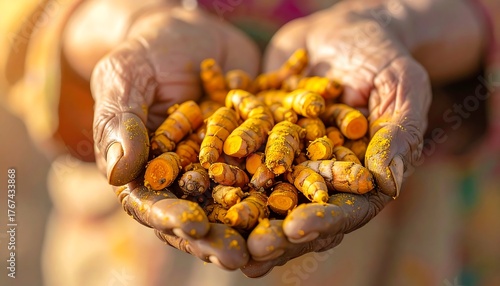 Holding Turmeric Roots in Hands Close Up Showing Harvested Spices