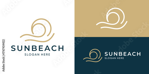Creative simple sun beach logo template. Abstract sun with wave, Sun sea logo design vector illustration.