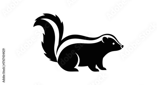 Stylized silhouette of a black skunk with white stripes on a white background