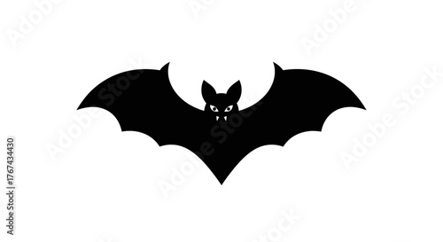 Silhouette of a black bat with outstretched wings and glowing red eyes on a white background