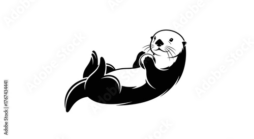 Cute black and white illustration of a sea otter floating on its back playfully