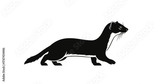 Black silhouette of a stoat or ermine with a long body and bushy tail walking