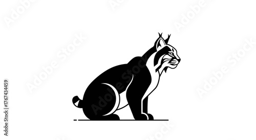 Stylized silhouette of a sitting lynx with tufted ears and short tail in black and white
