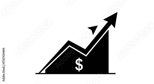 Black and white graphic of an upward trending arrow with a dollar sign indicating financial growth and success