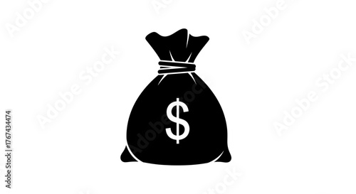 Simple black silhouette of a tied money bag with a dollar sign symbol