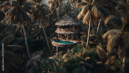 Thatched-roof hut on a circular deck with a pool, nestled among dense palm trees. Concept Thatched-roof poolside hut, Circular deck pool, Dense palm backdrop, Tropical retreat photography