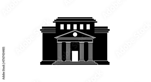 Classic bank building facade with columns and pediment in silhouette style