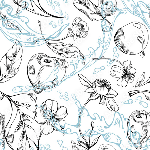 Sweet sour cerise cherry flying in water, waves splashes drops, watercolor hand drawn, ripe red berry leaves white flowers. Seamless pattern tile illustration. Restaurant dessert menu, farmers market