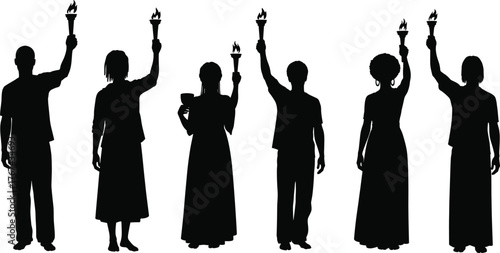 Silhouette of diverse people holding torches together symbolizing unity, freedom, hope, and strength