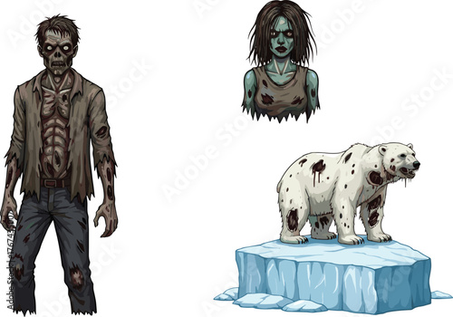 PrintScary zombie man, undead woman, and zombie polar bear on ice, horror fantasy illustration, spooky Halloween monster artwork, detailed cartoon design