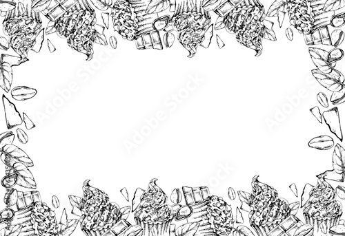 Vector ink muffin cupcake topped with chocolate mousse and crushed pistachio, whipped cream, and mint garnish. Hand drawn isolated border artwork. Frame motifs for party menus, dessert label graphics.