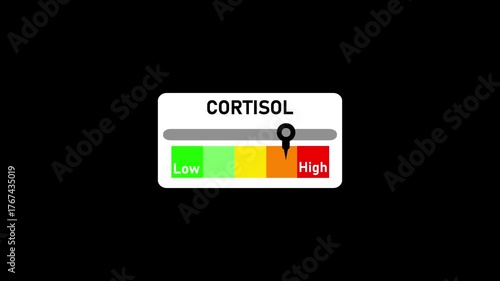 Cortisol hormone text with a speedometer, barometer or tachometer-style gauge, illustrating varying levels of cortisol hormone in the body, from low to high.