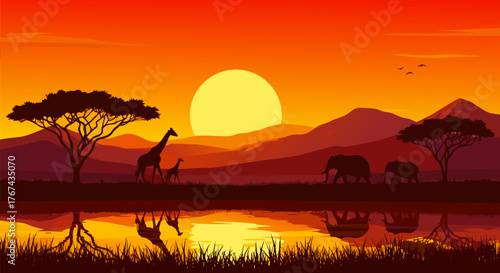 African Sunset Silhouette Majestic Giraffes and Elephants by the Water at Dusk