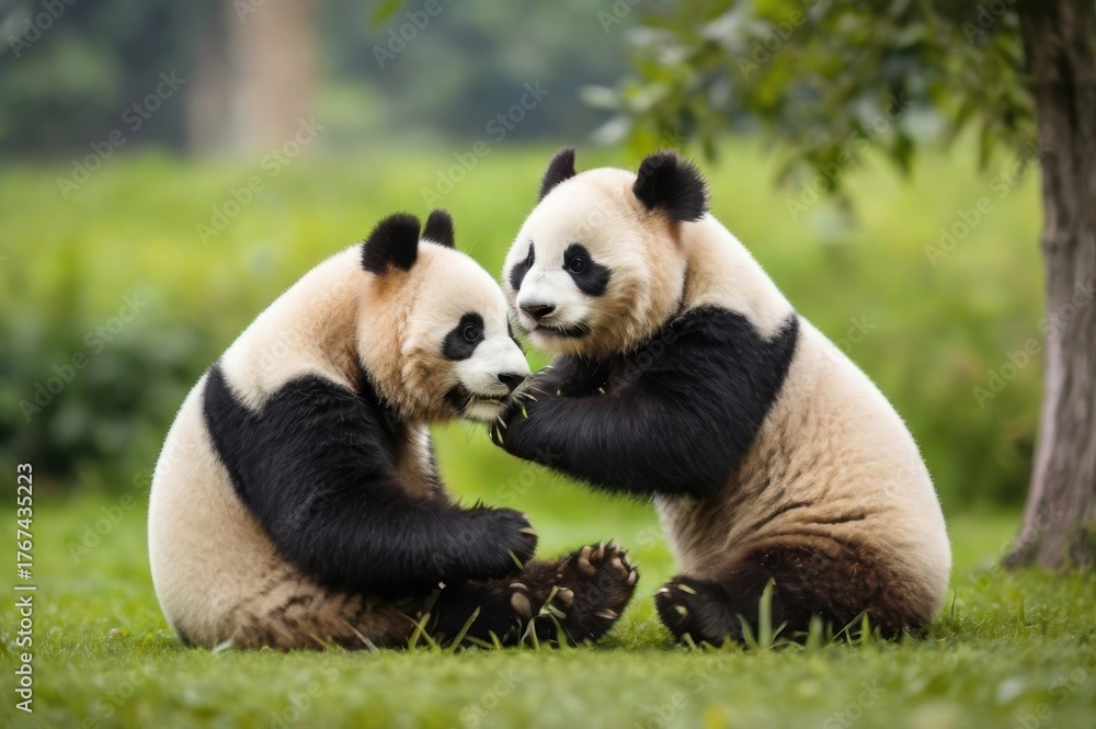 Obraz premium Two Adorable Pandas Sharing a Meal in a Lush Green Meadow