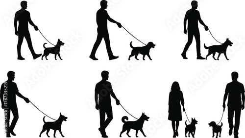 Silhouette of people walking dogs on leash outdoor pet care activity illustration