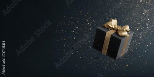 Black matte gift box with shiny gold bow and ribbon, representing elegant luxury present concept.