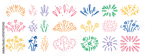 Colorful bright Festive firework explosion set isolated on white background. Vector illustration of hand drawn confetti burst effect, party firecracker sparks, abstract spiral.