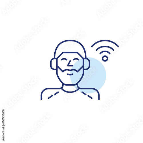Man wearing headphones and wi-fi. Podcast, audio and wireless listening. Pixel perfect, editable stroke vector icon
