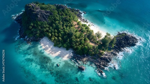 A small tropical island with dense jungle, white sand beach, and turquoise water surrounding rocky shores. Concept Tropical Island Escape, Dense Jungle Backdrop, White Sand Beach, Turquoise Waters
