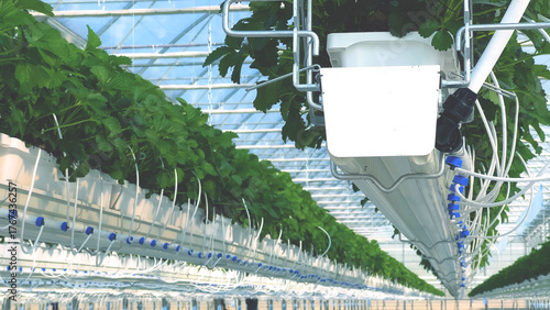 Картината върху платно Rows of hydroponic strawberry plants growing in modern automated greenhouse