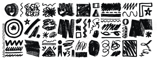 set abstract random brush strokes of different brush shapes. Grunge strokes, lines and brushes. Free hand drawn movement, trembling texture elements collection.
